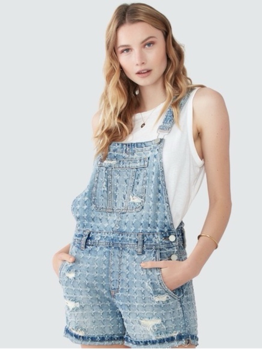 Blank NYC Bloomingdales Distressed Textured Overalls Shortalls